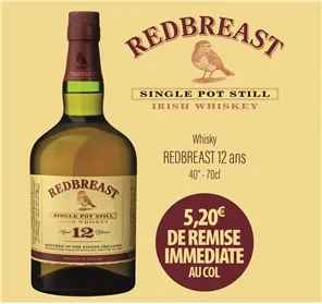 5,20€ REMISE WHISKY REDBREAST 12 ANS  40° 70CL  